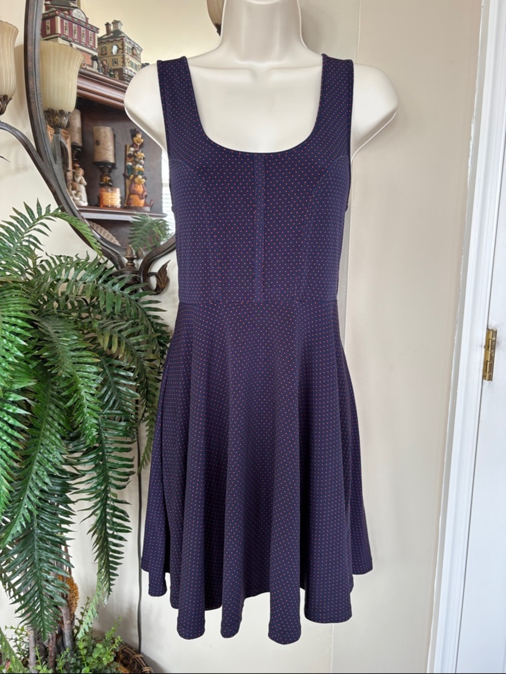 Free People Loving Lola Blue Mini Skater Dress Red Polka Dot Fitted Sleeveless